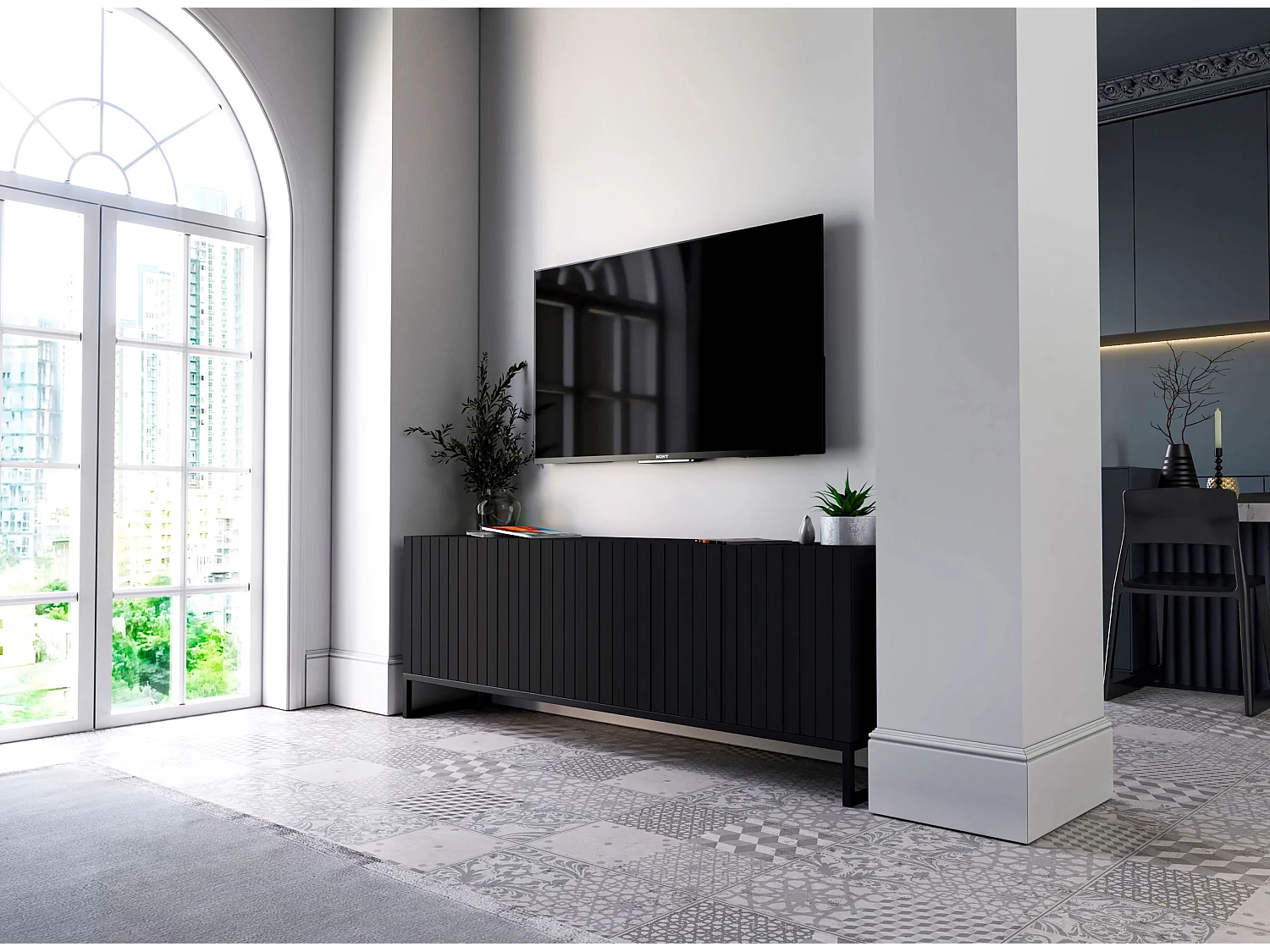 Meuble TV avec 4 portes - Corps Noir mat, façades rainurées Noir mat - 150 cm, Cadre en métal noir