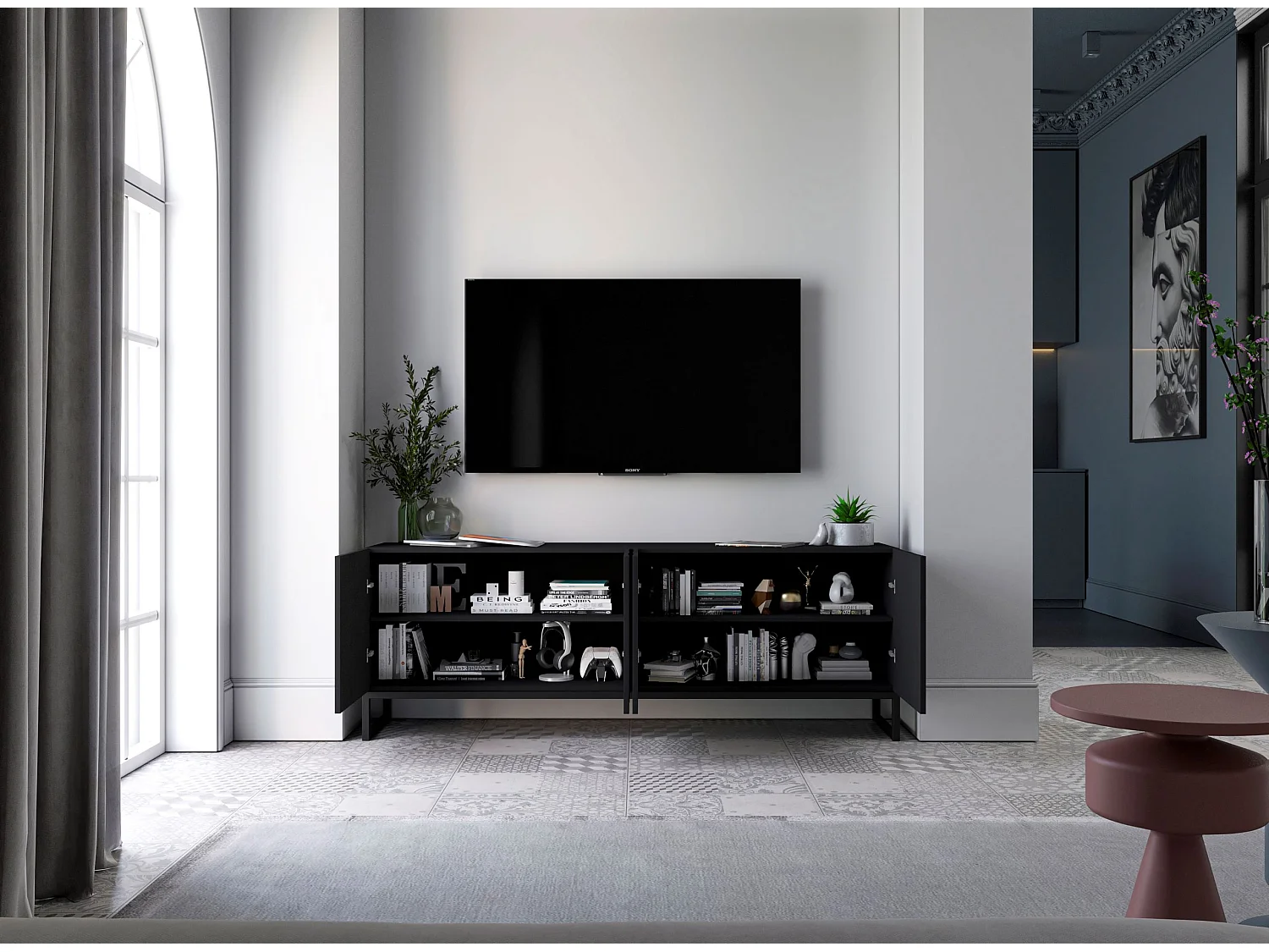 Meuble TV avec 4 portes - Corps Noir mat, façades rainurées Noir mat - 150 cm, Cadre en métal noir