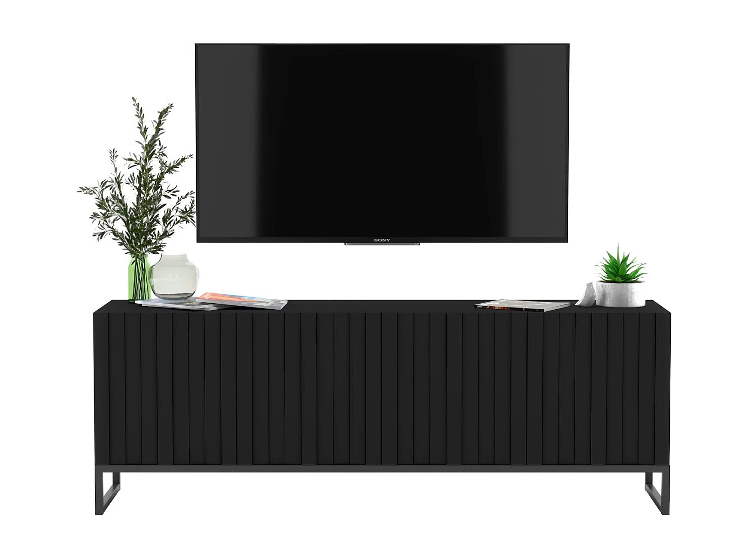 Meuble TV avec 4 portes - Corps Noir mat, façades rainurées Noir mat - 150 cm, Cadre en métal noir