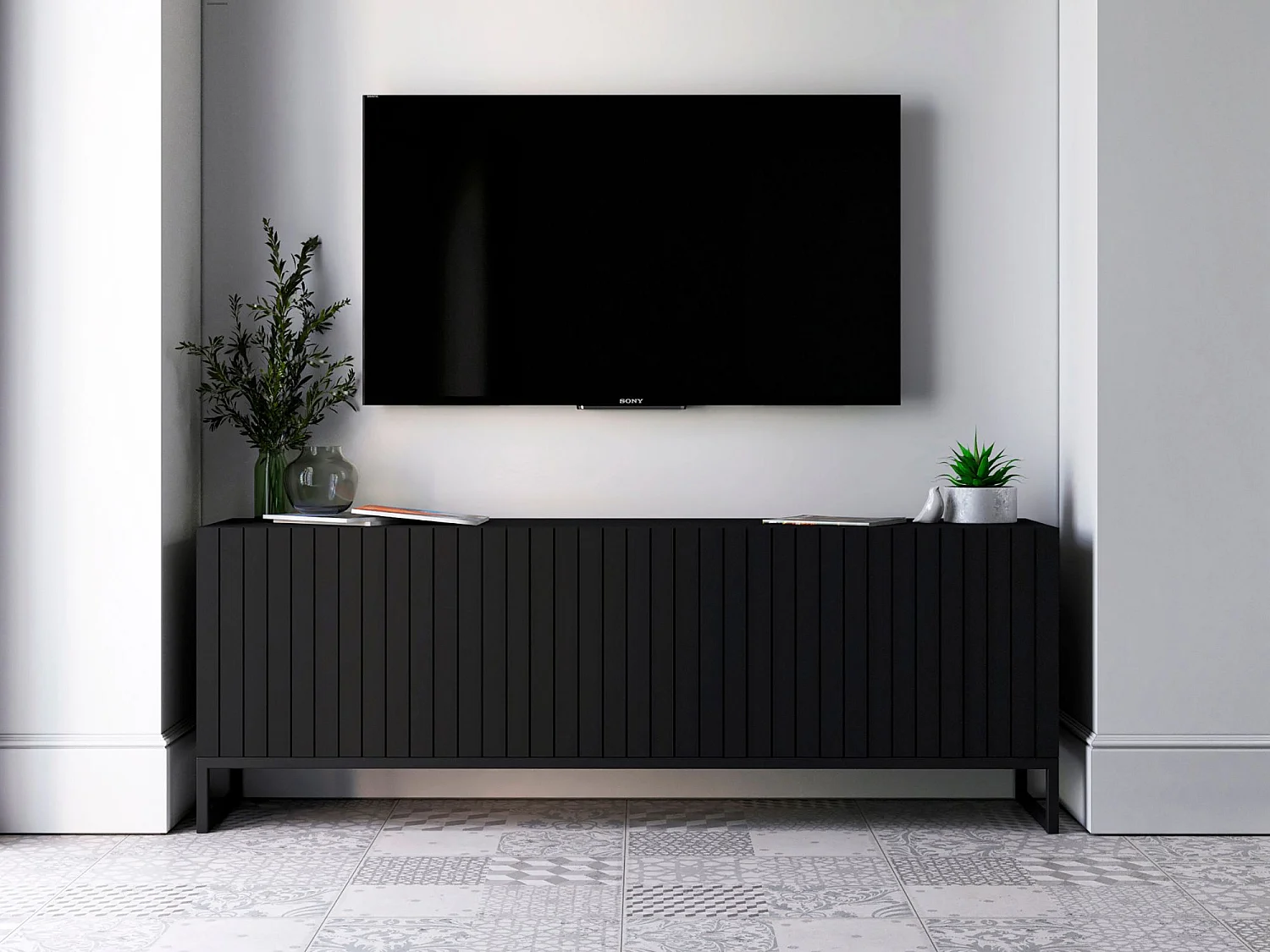 Meuble TV avec 4 portes - Corps Noir mat, façades rainurées Noir mat - 150 cm, Cadre en métal noir
