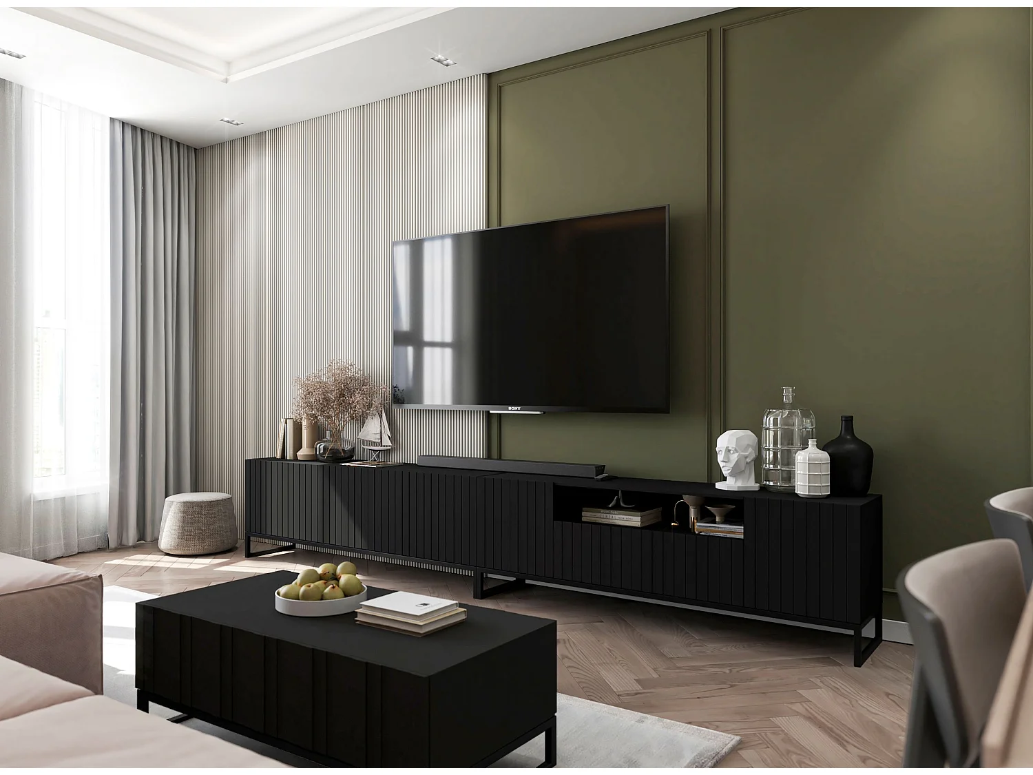 Meuble TV avec 4 portes - Corps Noir mat, façades rainurées Noir mat - 150 cm, Cadre en métal noir