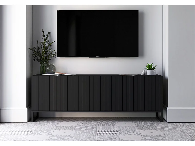 Meuble TV avec 4 portes - Corps Noir mat, façades rainurées Noir mat - 150 cm, Cadre en métal noir