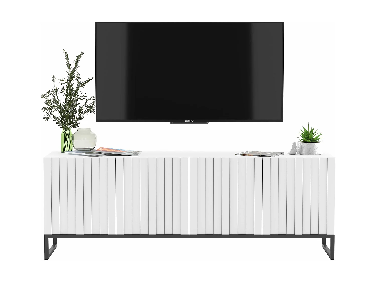Meuble TV avec 4 portes - Corps Blanc mat, façades rainurées Blanc mat - 150 cm, Cadre en métal noir