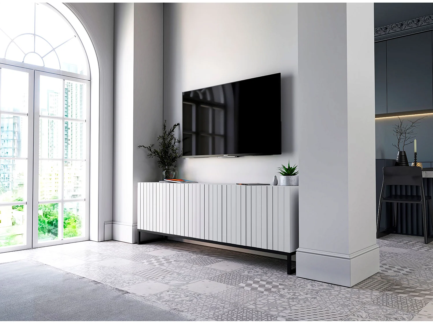Meuble TV avec 4 portes - Corps Blanc mat, façades rainurées Blanc mat - 150 cm, Cadre en métal noir