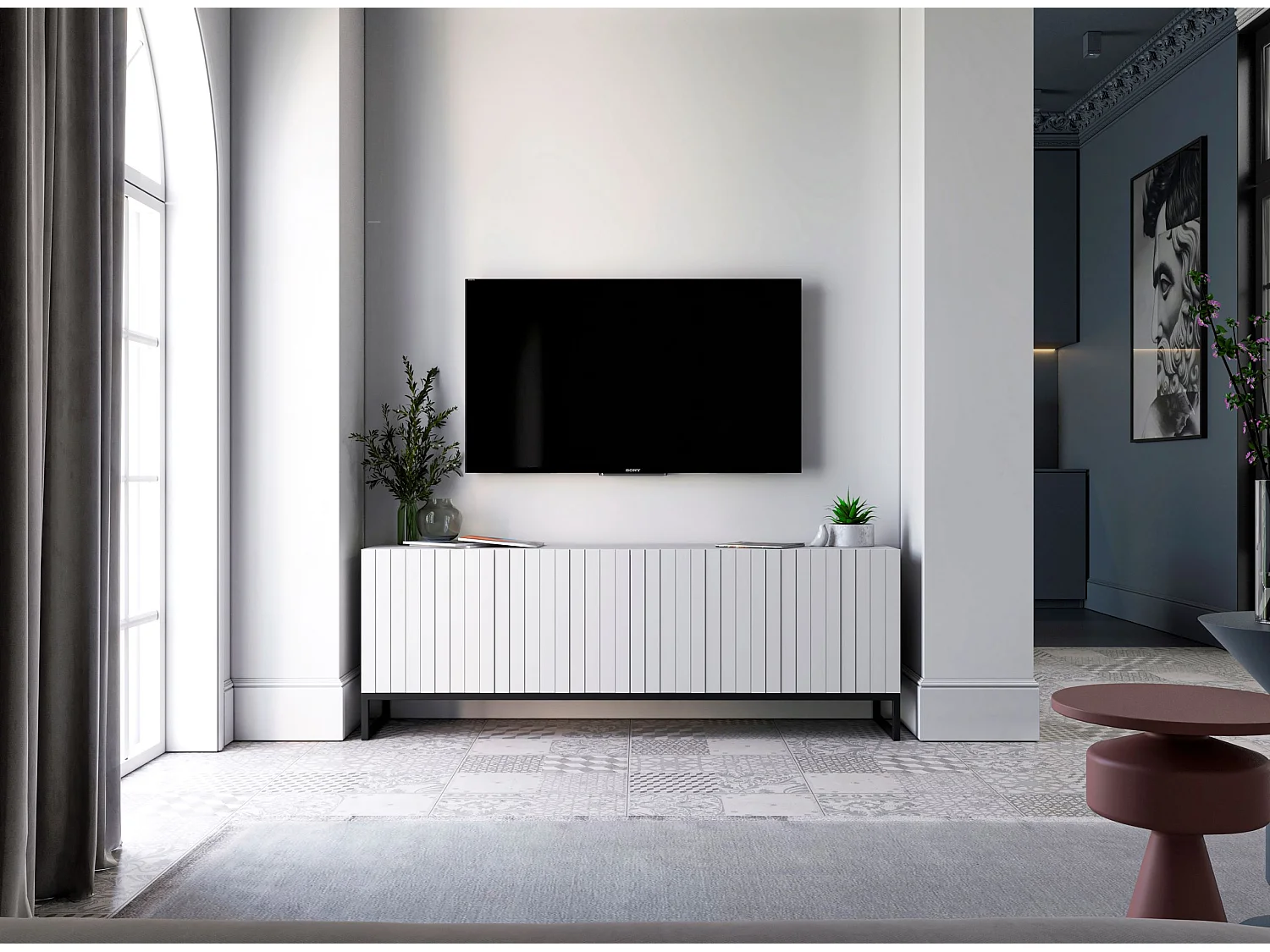 Meuble TV avec 4 portes - Corps Blanc mat, façades rainurées Blanc mat - 150 cm, Cadre en métal noir