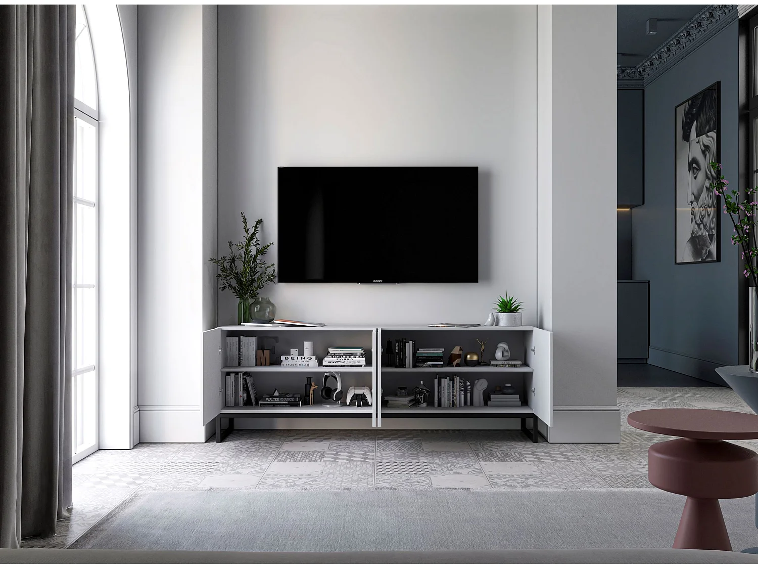 Meuble TV avec 4 portes - Corps Blanc mat, façades rainurées Blanc mat - 150 cm, Cadre en métal noir