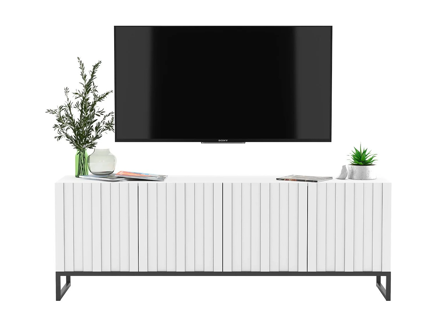 Meuble TV avec 4 portes - Corps Blanc mat, façades rainurées Blanc mat - 150 cm, Cadre en métal noir