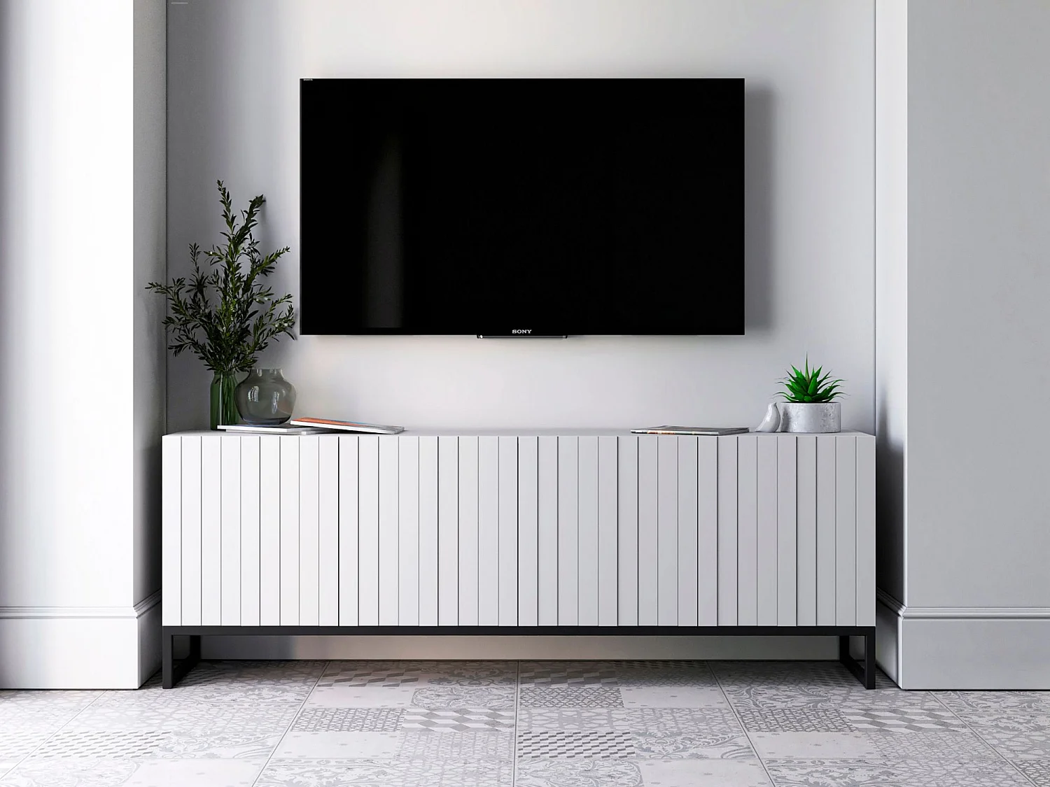 Meuble TV avec 4 portes - Corps Blanc mat, façades rainurées Blanc mat - 150 cm, Cadre en métal noir