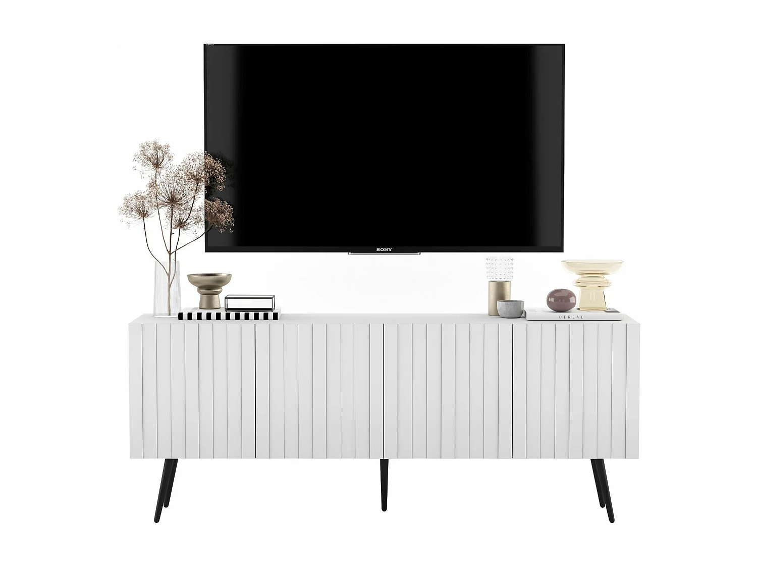 Meuble TV avec 4 portes - Corps Blanc mat, façades rainurées Blanc mat - 150 cm, pieds noirs