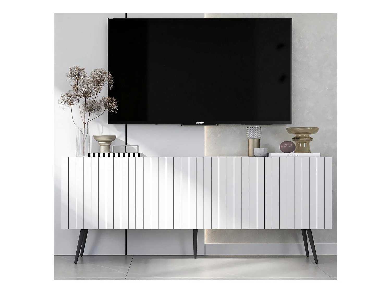 Meuble TV avec 4 portes - Corps Blanc mat, façades rainurées Blanc mat - 150 cm, pieds noirs
