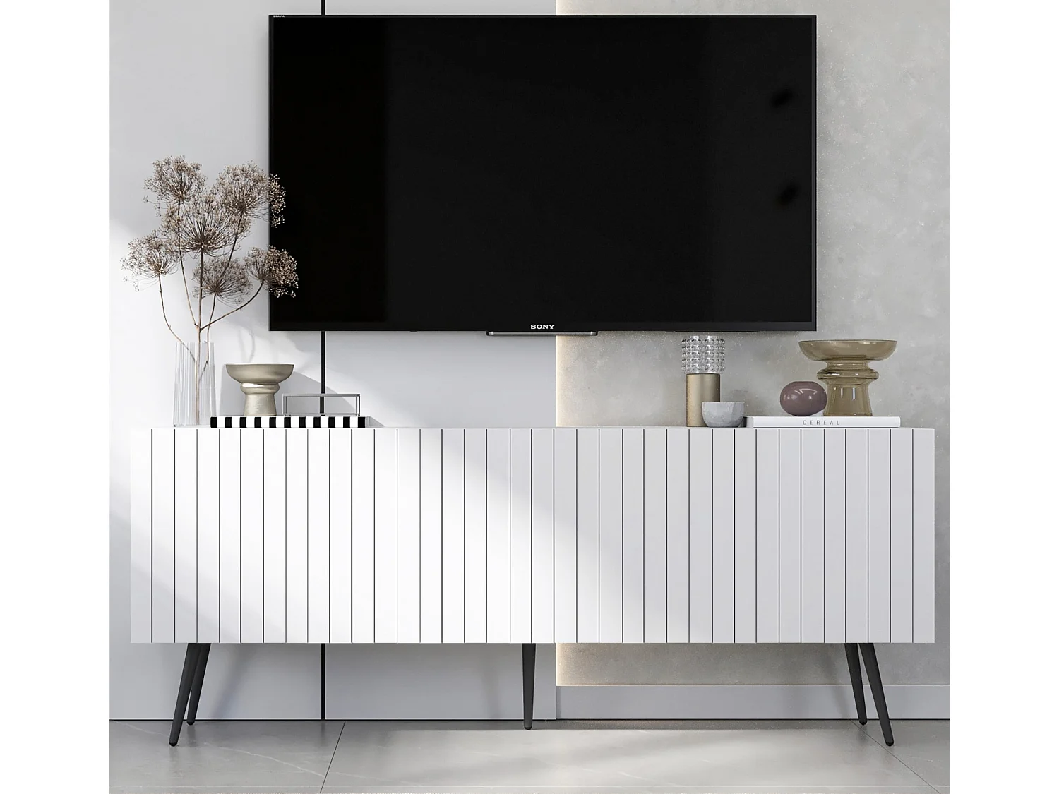 Meuble TV avec 4 portes - Corps Blanc mat, façades rainurées Blanc mat - 150 cm, pieds noirs