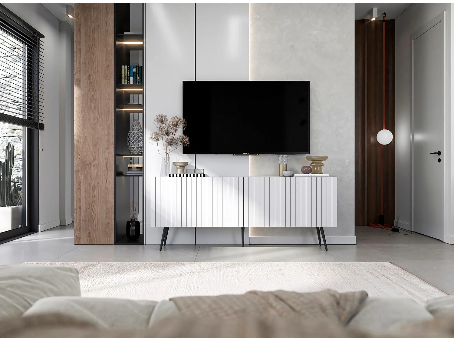 Meuble TV avec 4 portes - Corps Blanc mat, façades rainurées Blanc mat - 150 cm, pieds noirs