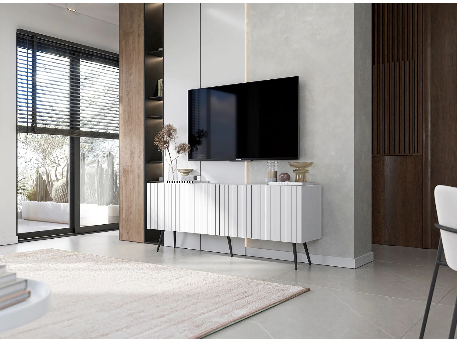 Meuble TV avec 4 portes - Corps Blanc mat, façades rainurées Blanc mat - 150 cm, pieds noirs