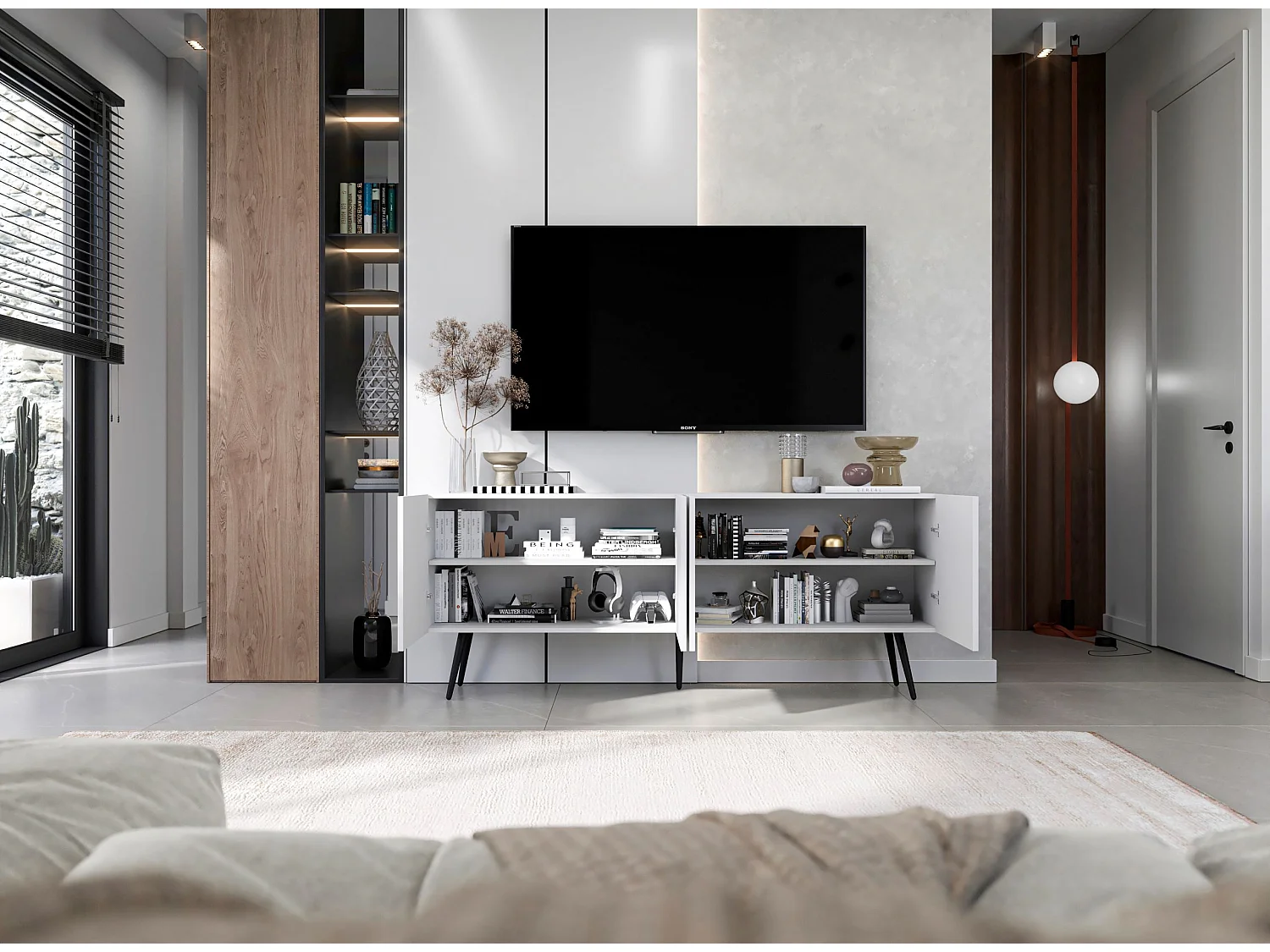 Meuble TV avec 4 portes - Corps Blanc mat, façades rainurées Blanc mat - 150 cm, pieds noirs