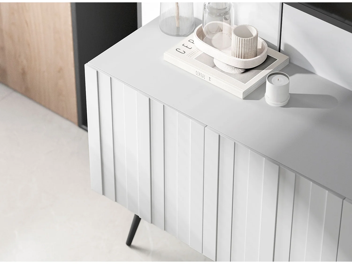 Meuble TV avec 4 portes - Corps Blanc mat, façades rainurées Blanc mat - 150 cm, pieds noirs