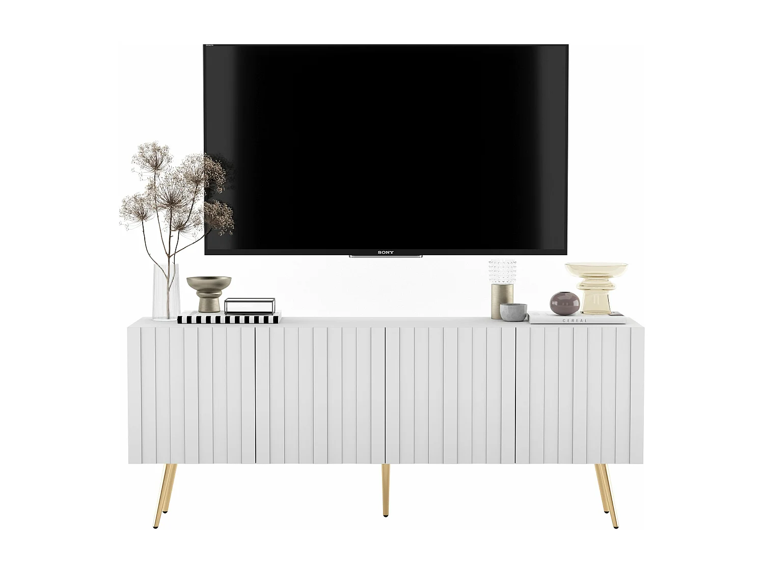 Meuble TV avec 4 portes - Corps Blanc mat, façades rainurées Blanc mat - 150 cm, pieds noirs