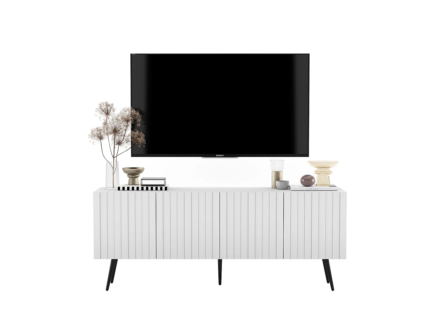 Mueble TV con 4 puertas - Cuerpo blanco mate, frentes ranurados blanco mate - 150 cm, patas negras