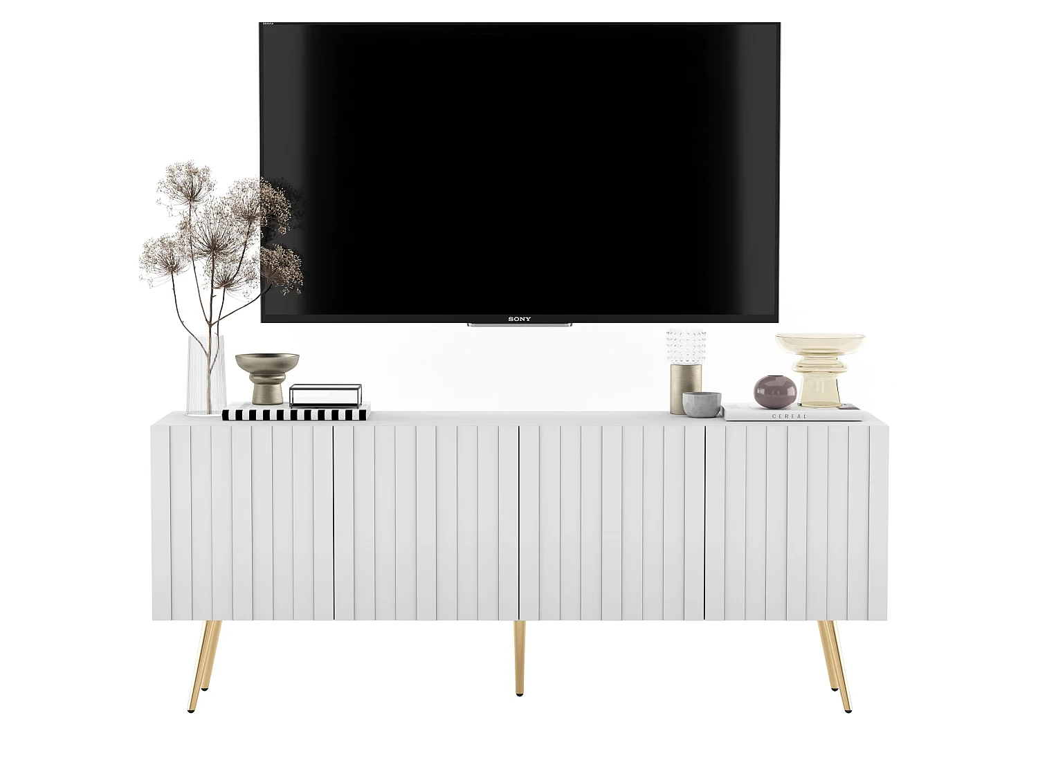 Mueble TV con 4 puertas - Cuerpo blanco mate, frentes ranurados blanco mate - 150 cm, patas negras