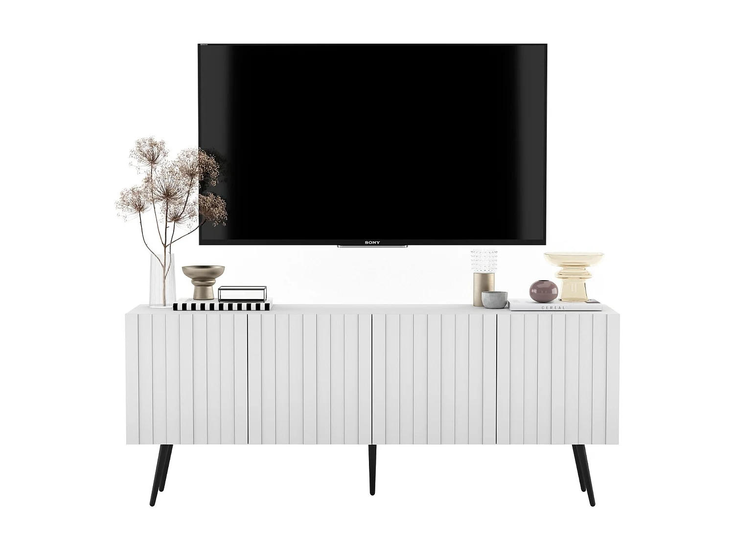 Meuble TV avec 4 portes - Corps Blanc mat, façades rainurées Blanc mat - 150 cm, pieds noirs