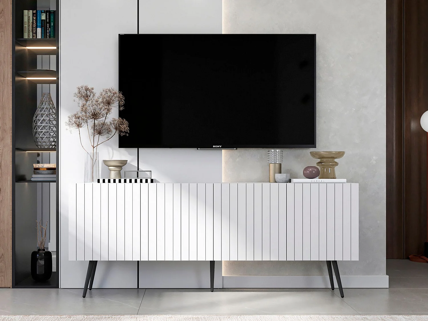 Meuble TV avec 4 portes - Corps Blanc mat, façades rainurées Blanc mat - 150 cm, pieds noirs