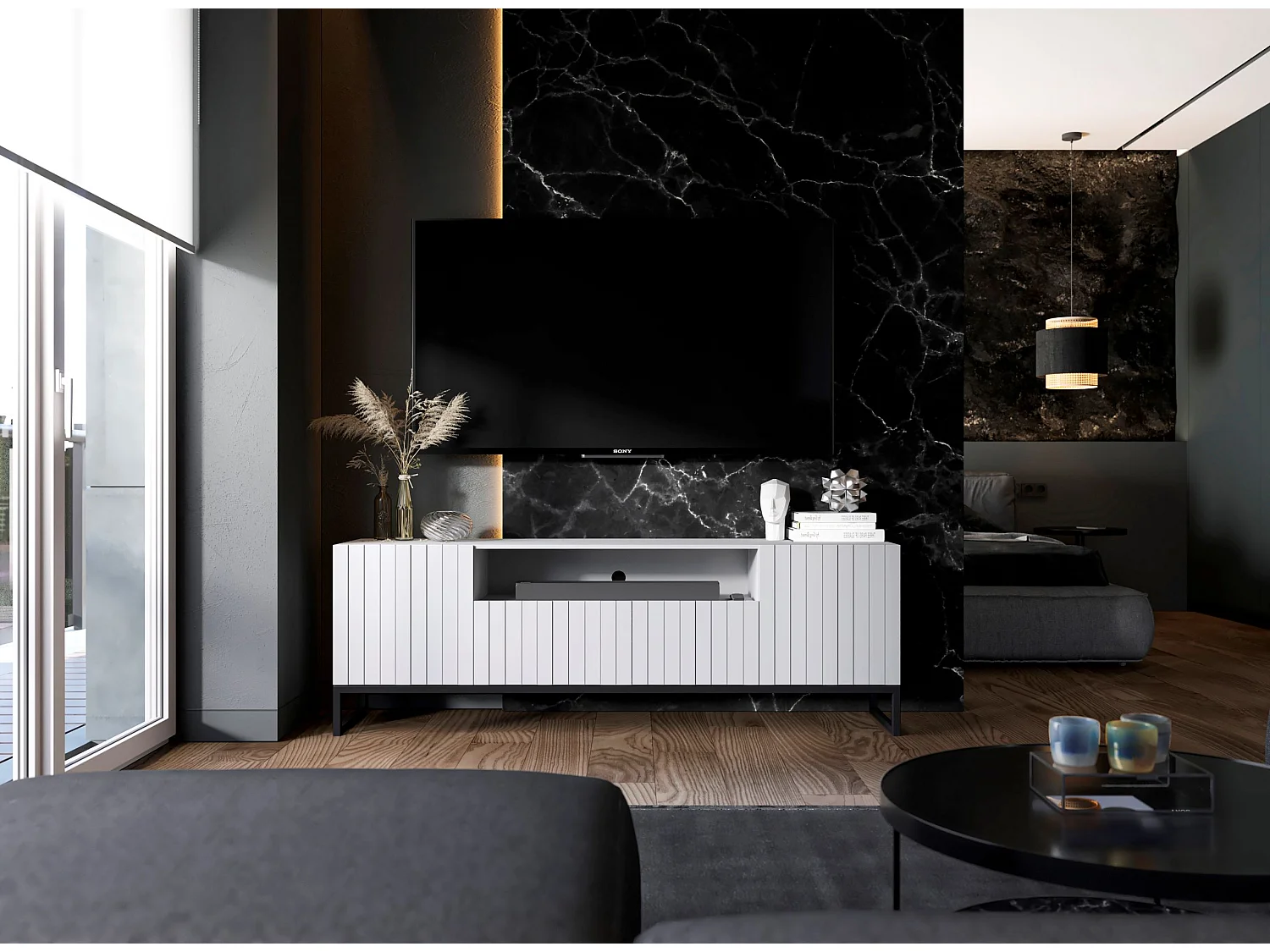 Meuble TV avec 3 portes et niche - Corps Blanc mat, façades rainurées Blanc mat - 150 cm, Cadre en métal noir