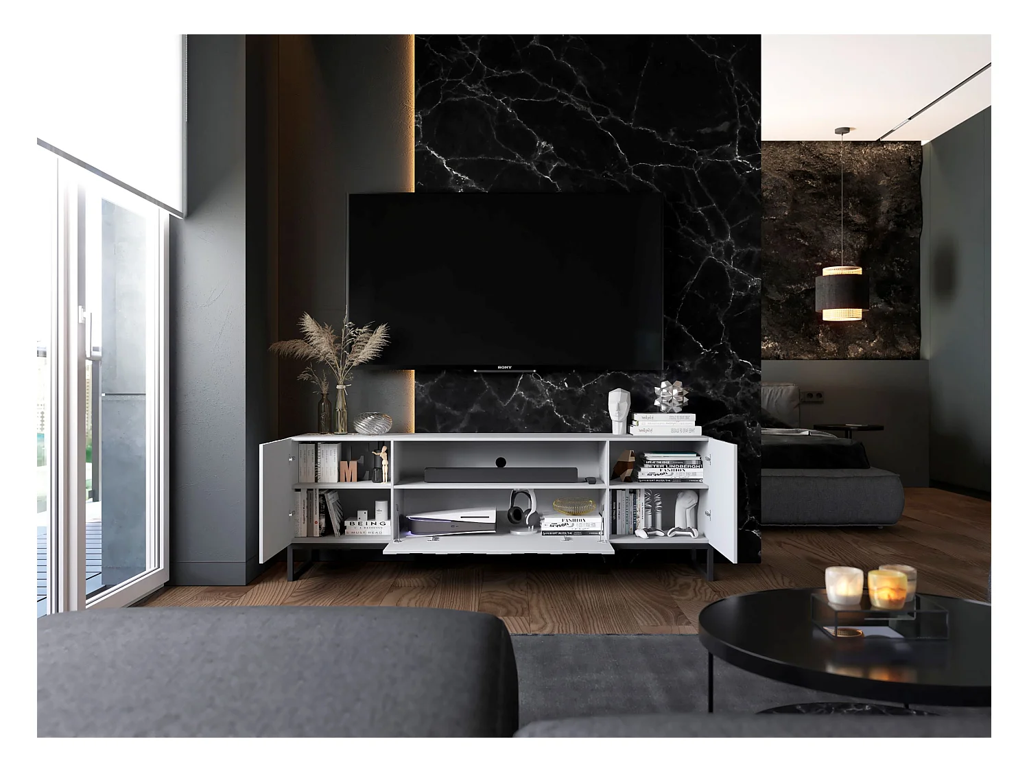 Meuble TV avec 3 portes et niche - Corps Blanc mat, façades rainurées Blanc mat - 150 cm, Cadre en métal noir