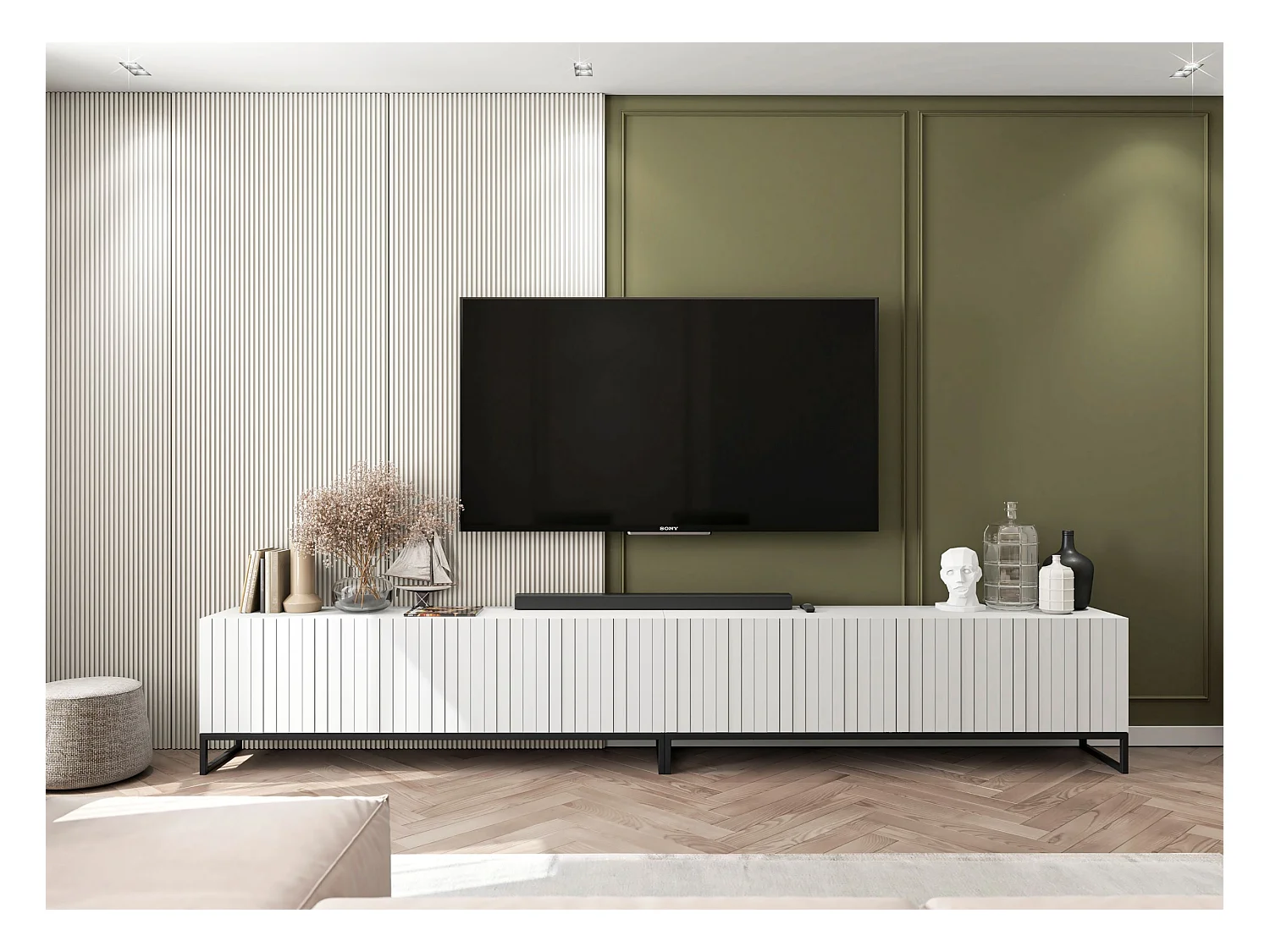 Meuble TV avec 3 portes et niche - Corps Blanc mat, façades rainurées Blanc mat - 150 cm, Cadre en métal noir