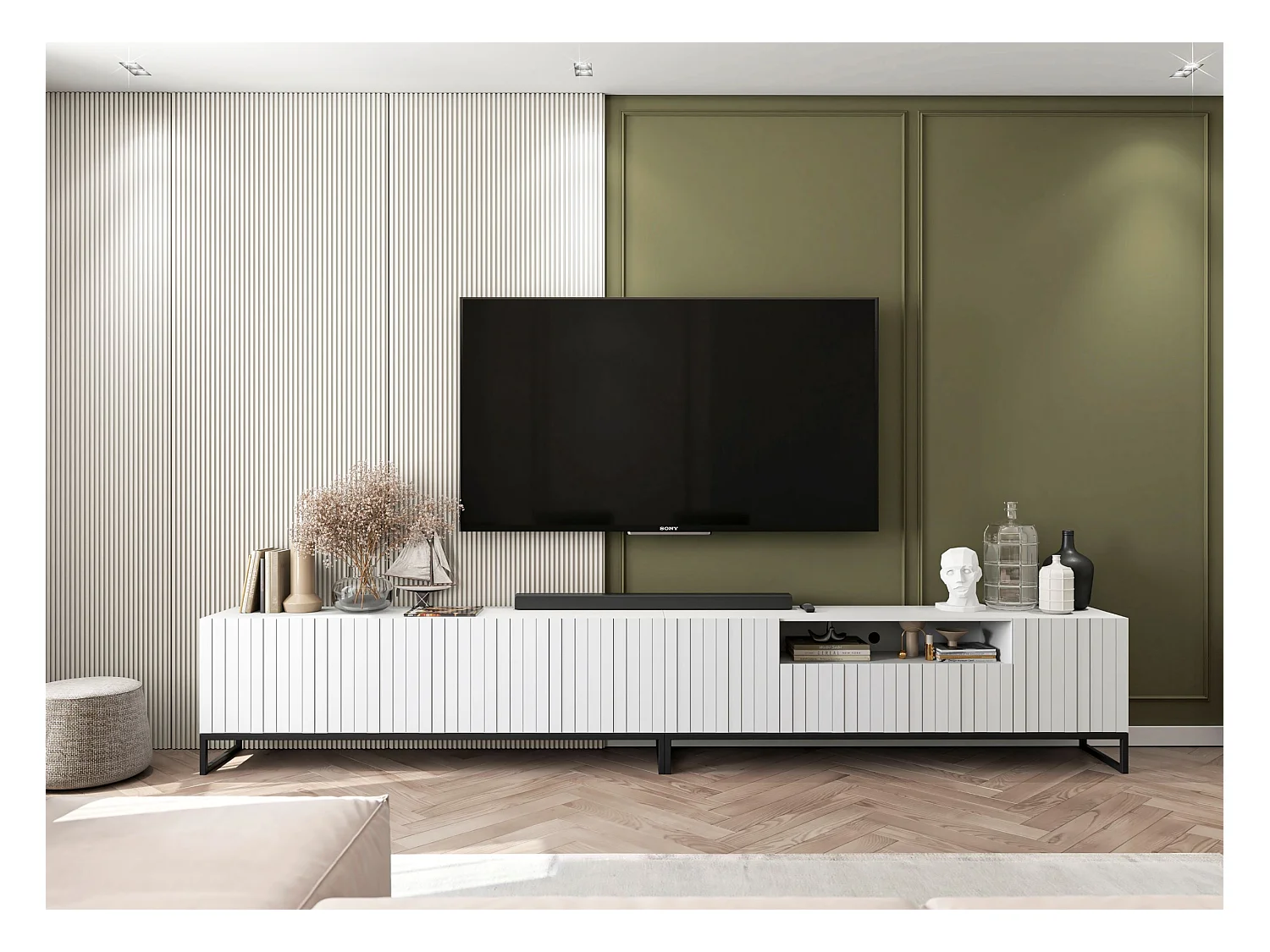 Meuble TV avec 3 portes et niche - Corps Blanc mat, façades rainurées Blanc mat - 150 cm, Cadre en métal noir