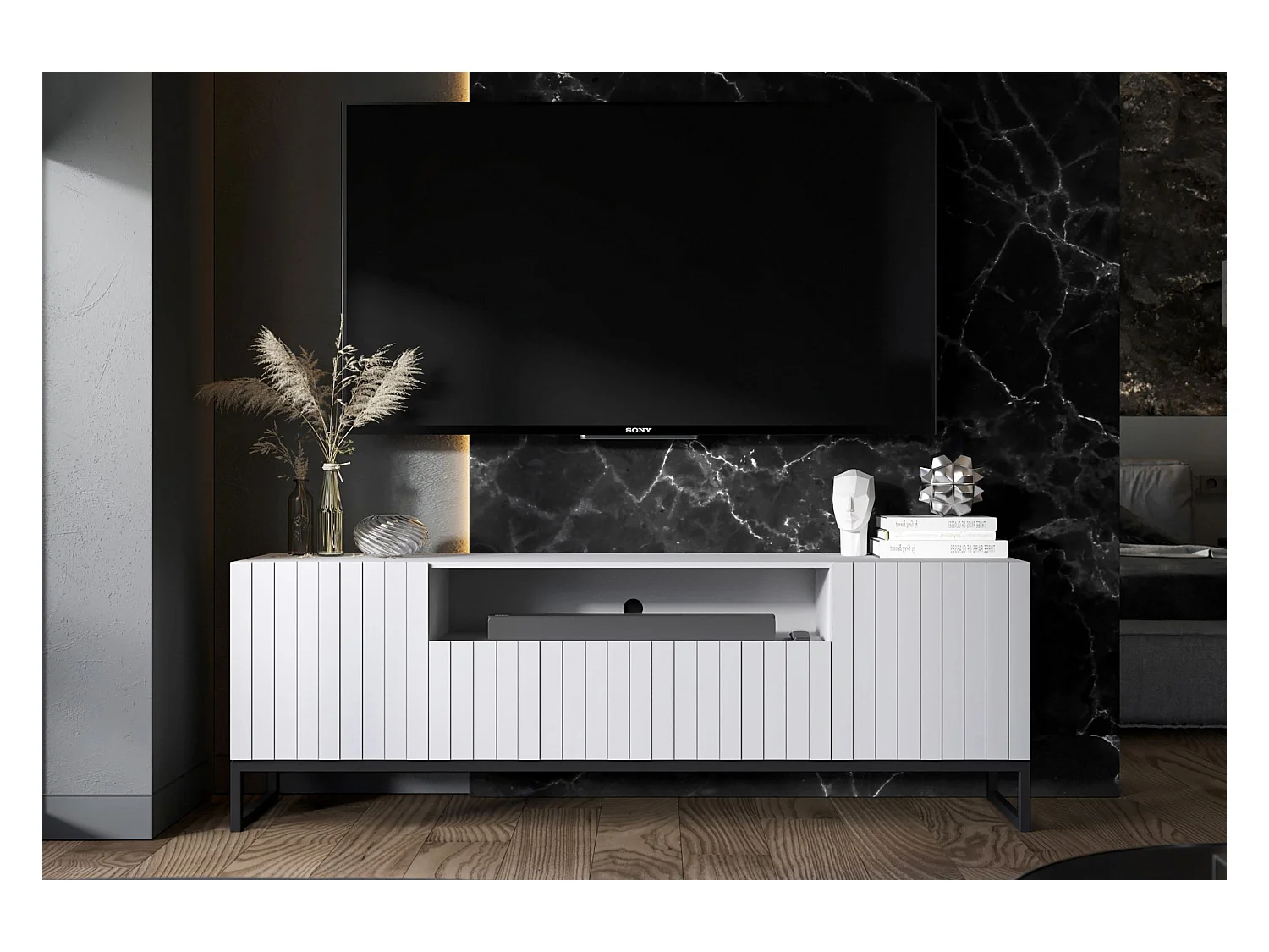 Meuble TV avec 3 portes et niche - Corps Blanc mat, façades rainurées Blanc mat - 150 cm, Cadre en métal noir