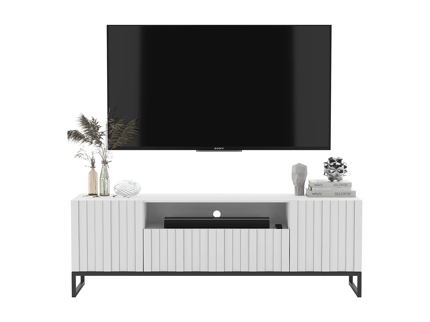 Meuble TV avec 3 portes et niche - Corps Blanc mat, façades rainurées Blanc mat - 150 cm, Cadre en métal noir