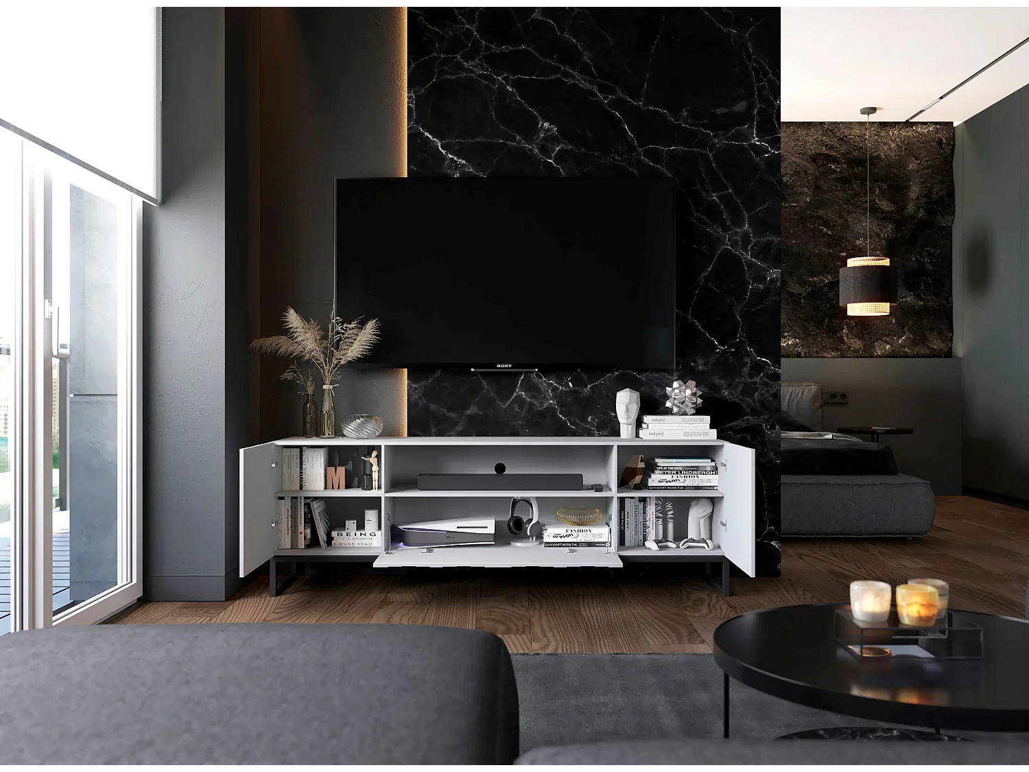 Meuble TV avec 3 portes et niche - Corps Blanc mat, façades rainurées Blanc mat - 150 cm, Cadre en métal noir