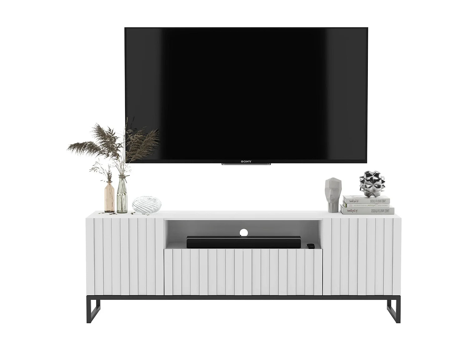 Meuble TV avec 3 portes et niche - Corps Blanc mat, façades rainurées Blanc mat - 150 cm, Cadre en métal noir