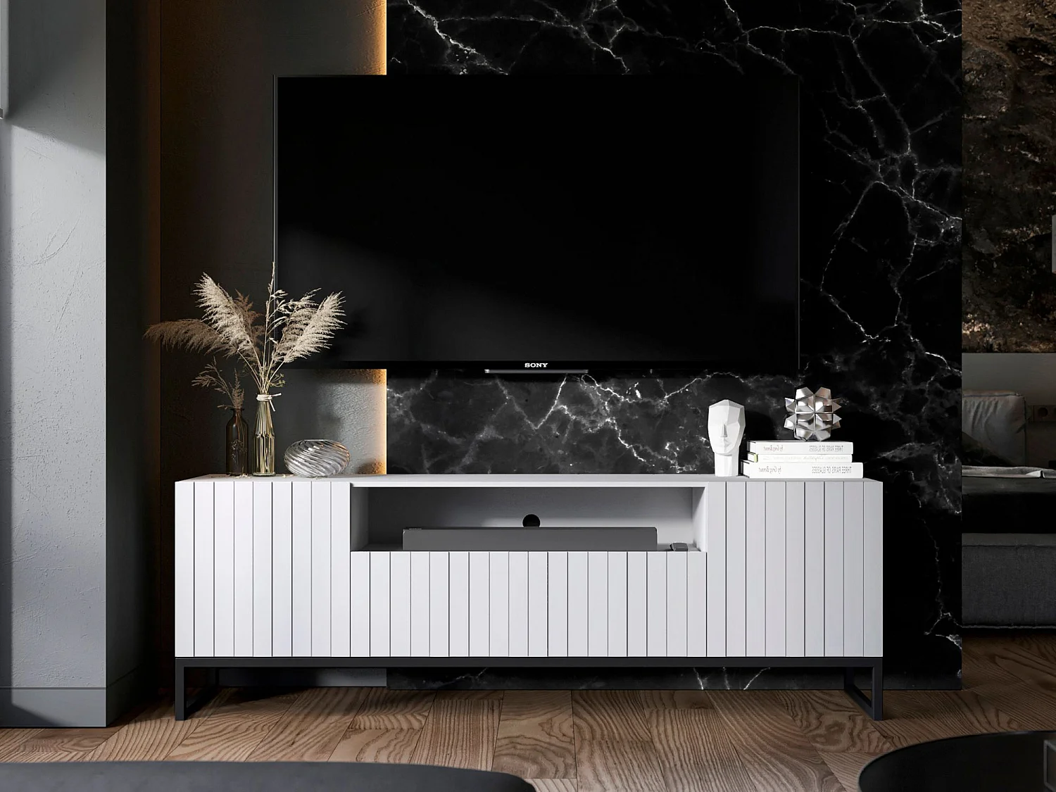 Meuble TV avec 3 portes et niche - Corps Blanc mat, façades rainurées Blanc mat - 150 cm, Cadre en métal noir