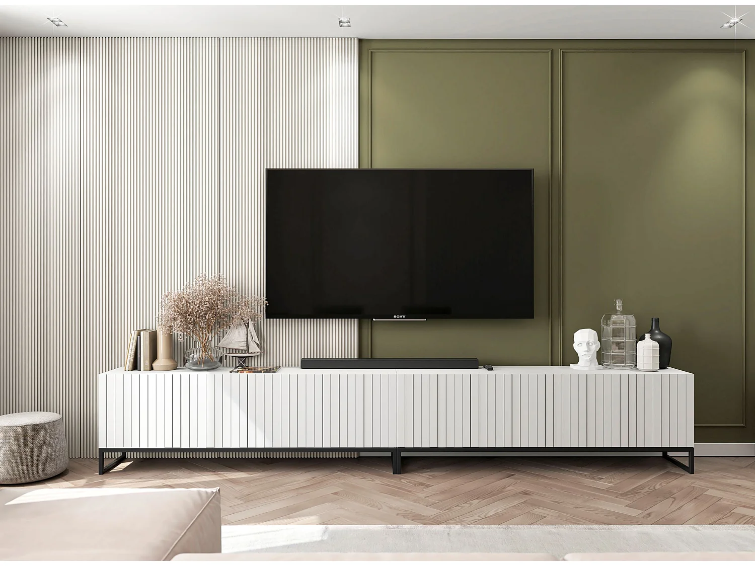 Meuble TV avec 3 portes et niche - Corps Blanc mat, façades rainurées Blanc mat - 150 cm, Cadre en métal noir