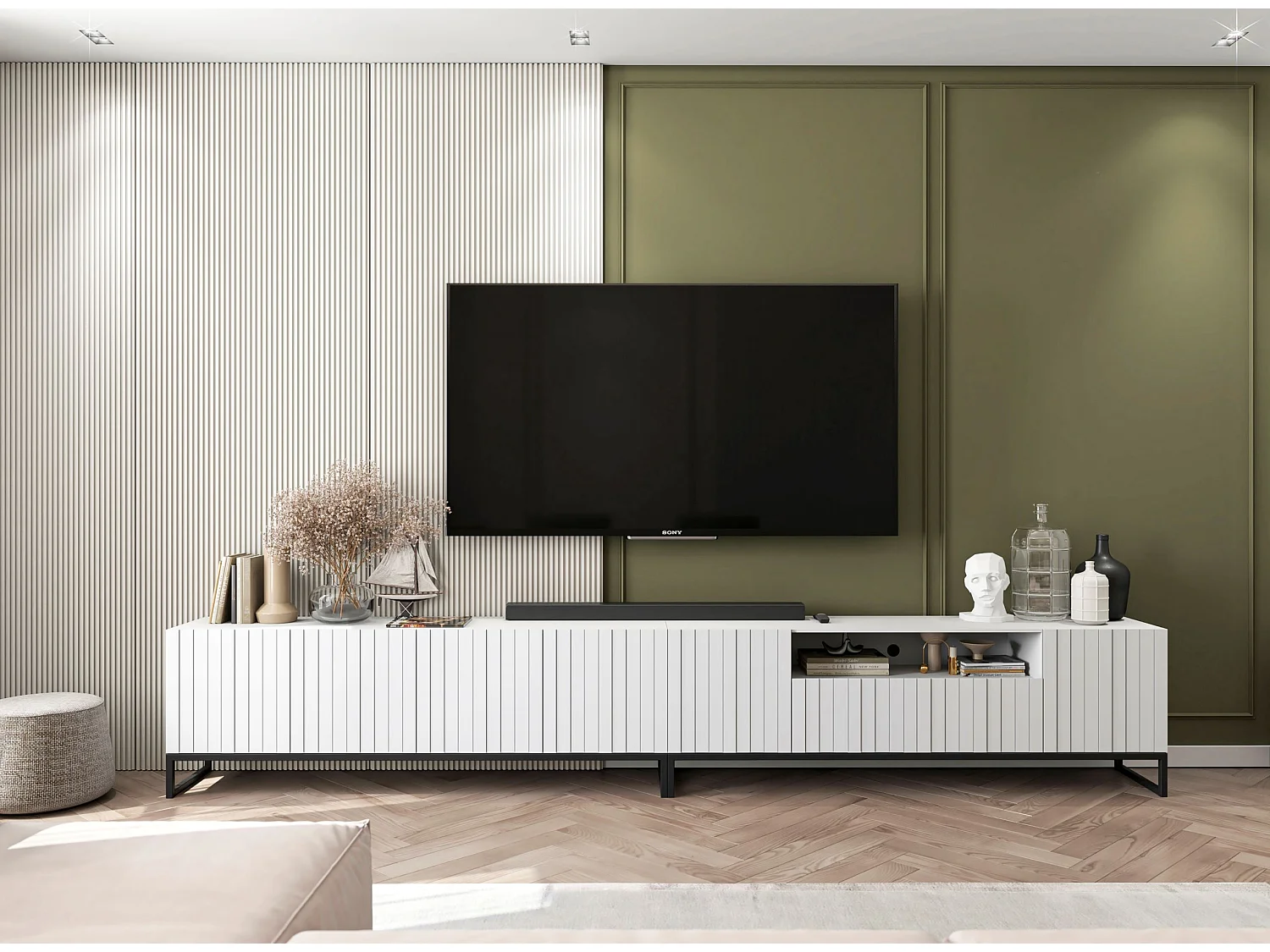 Meuble TV avec 3 portes et niche - Corps Blanc mat, façades rainurées Blanc mat - 150 cm, Cadre en métal noir