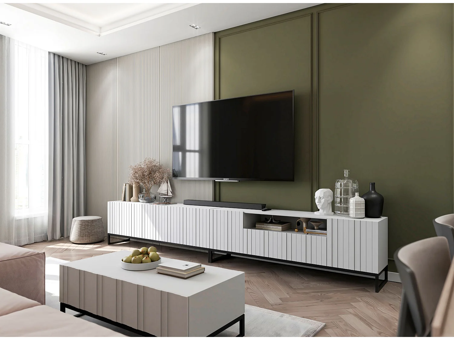 Meuble TV avec 3 portes et niche - Corps Blanc mat, façades rainurées Blanc mat - 150 cm, Cadre en métal noir