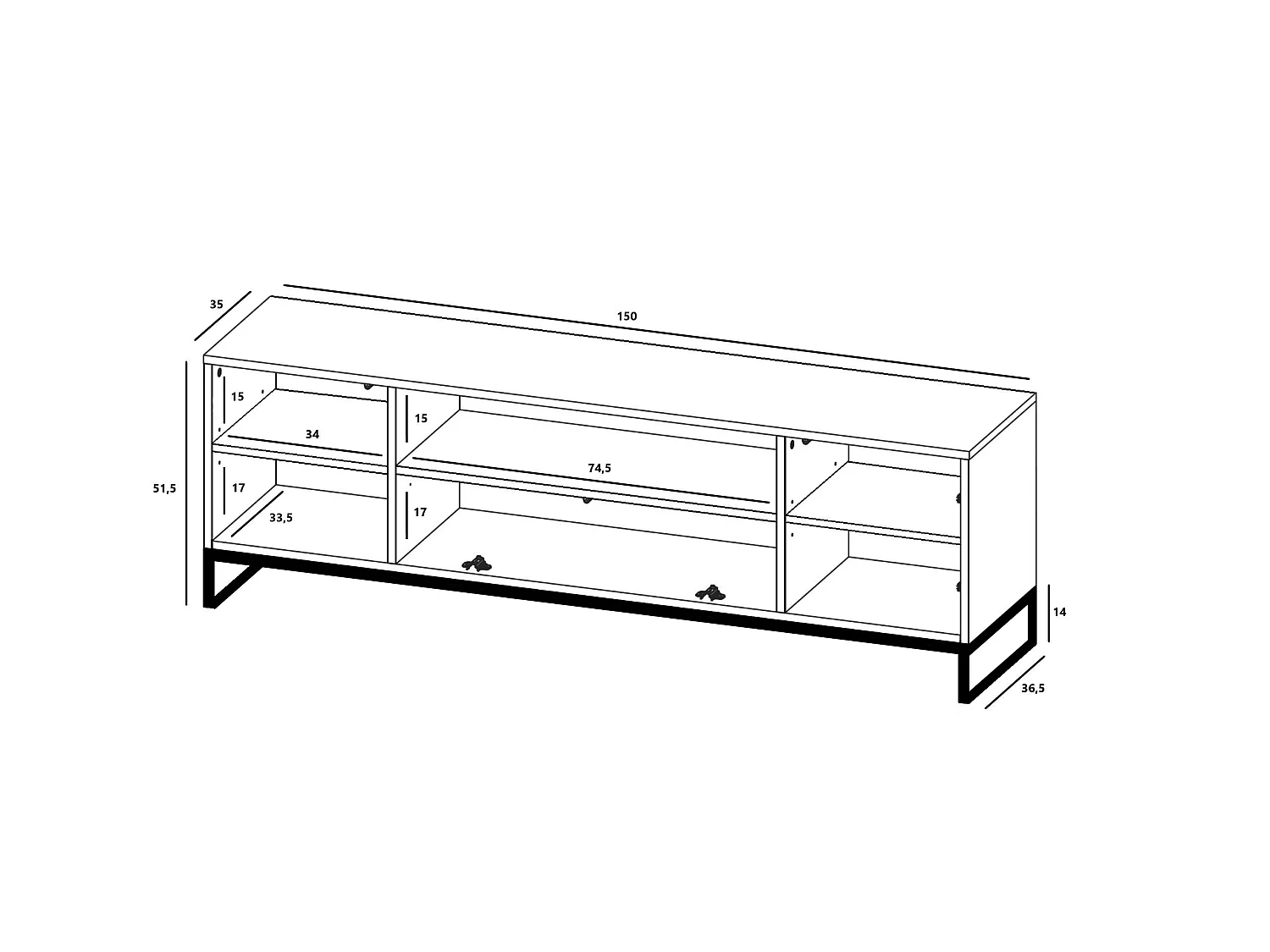 Meuble TV 3 portes, niche, façades en relief, blanc mat, pieds métal noir, 150 cm - ELPIS