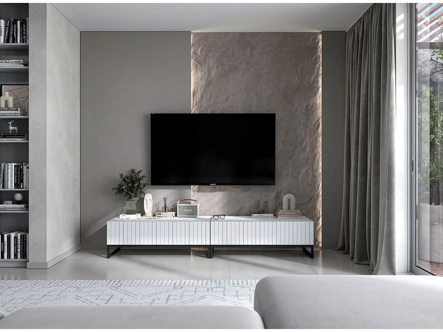 Meuble TV avec 2 portes - Corps Blanc mat, façades rainurées Blanc mat - 220 cm, Cadre en métal noir