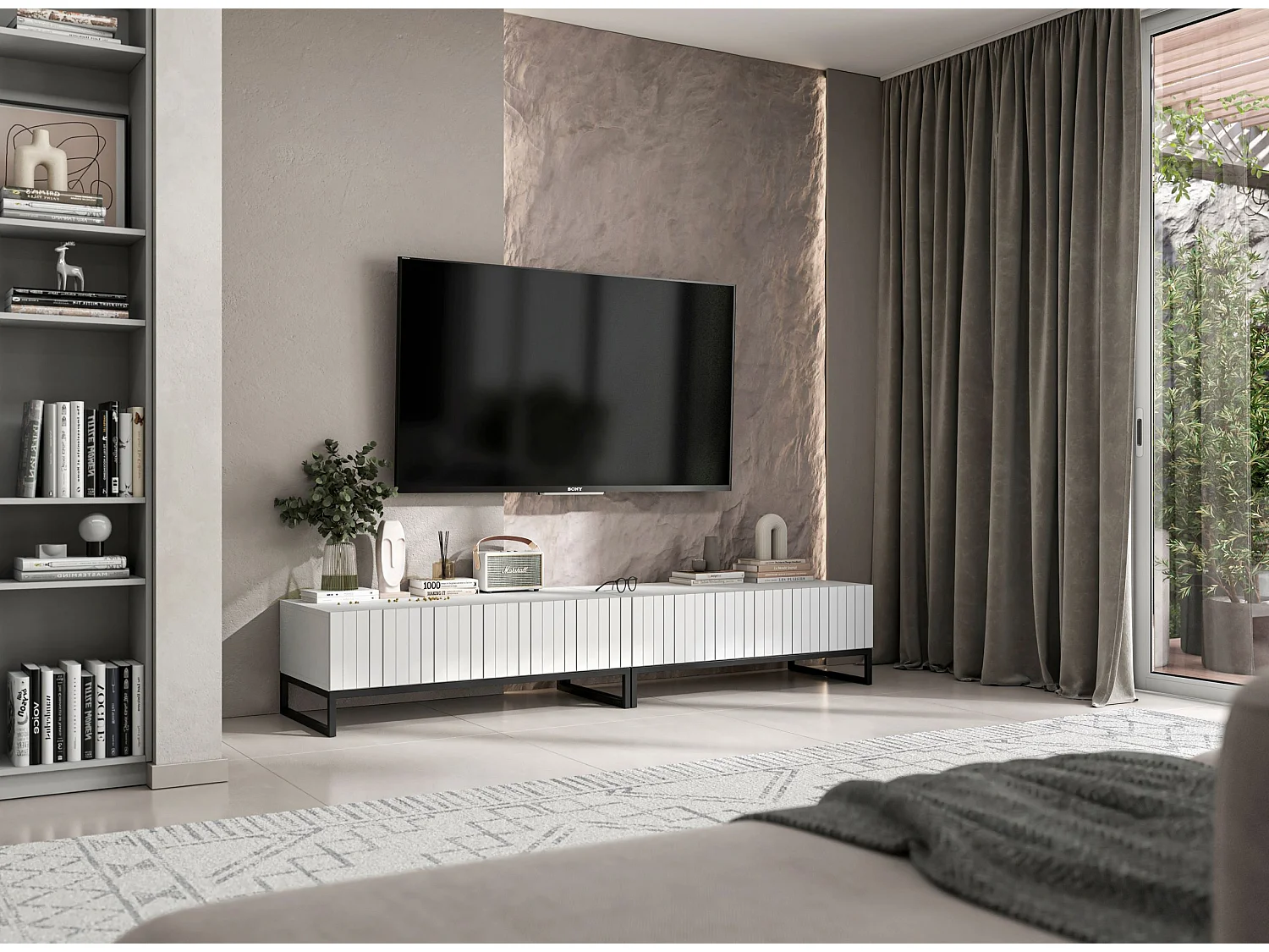 Meuble TV avec 2 portes - Corps Blanc mat, façades rainurées Blanc mat - 220 cm, Cadre en métal noir