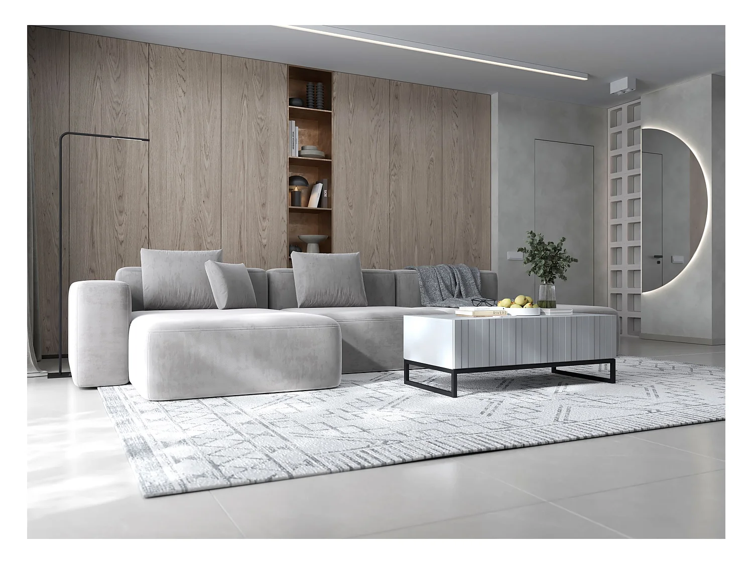 Meuble TV avec 2 portes - Corps Blanc mat, façades rainurées Blanc mat - 220 cm, Cadre en métal noir