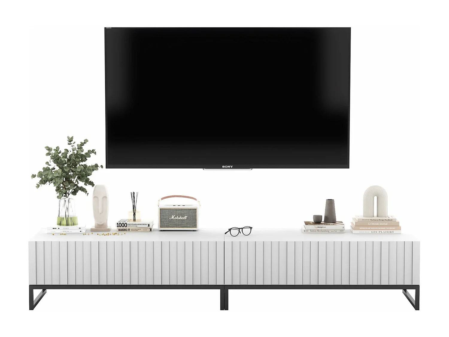 Meuble TV avec 2 portes - Corps Blanc mat, façades rainurées Blanc mat - 220 cm, Cadre en métal noir