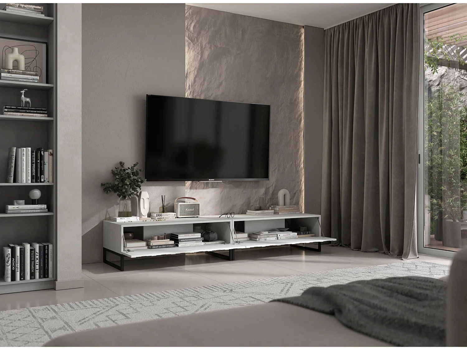 Meuble TV avec 2 portes - Corps Blanc mat, façades rainurées Blanc mat - 220 cm, Cadre en métal noir