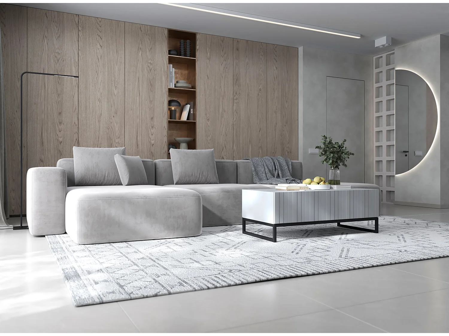 Meuble TV avec 2 portes - Corps Blanc mat, façades rainurées Blanc mat - 220 cm, Cadre en métal noir