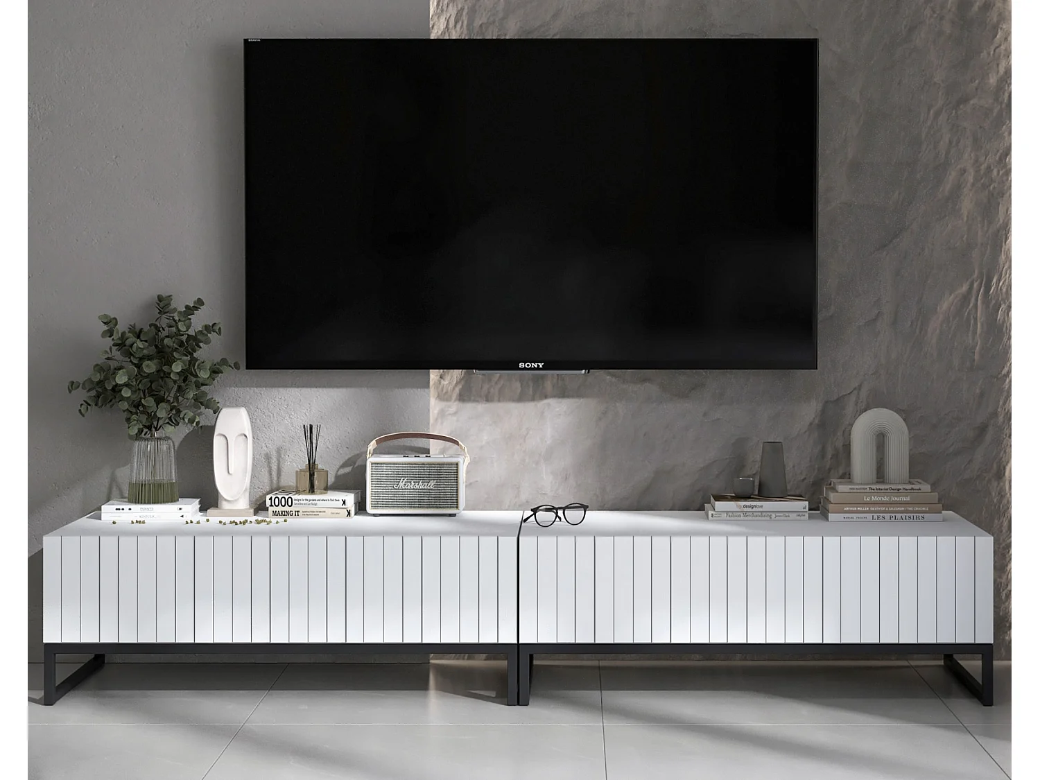 TV-Möbel mit 2 Türen - Korpus Weiß matt, geriffelte Fronten Weiß matt - 220 cm, Rahmen aus schwarzem Metall