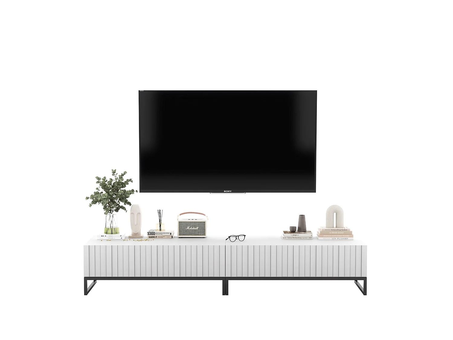 TV-Möbel mit 2 Türen - Korpus Weiß matt, geriffelte Fronten Weiß matt - 220 cm, Rahmen aus schwarzem Metall