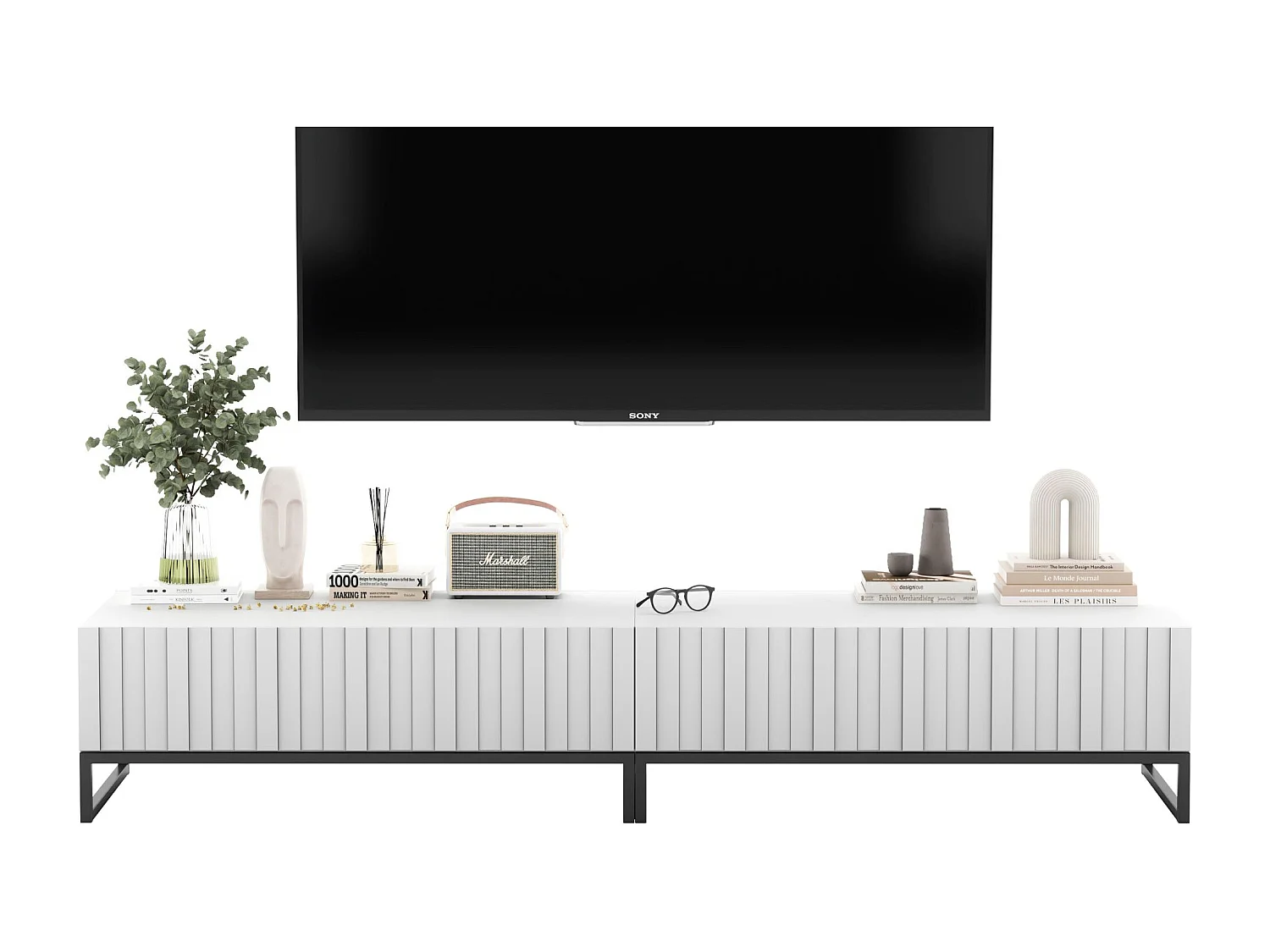 Meuble TV avec 2 portes - Corps Blanc mat, façades rainurées Blanc mat - 220 cm, Cadre en métal noir