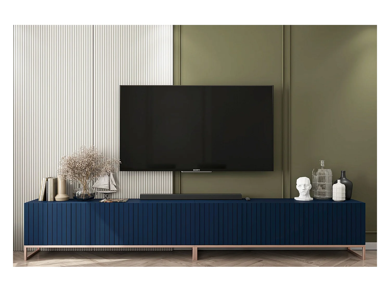Meuble TV avec 8 portes - Corps Bleu marine mat, façades rainurées Bleu marine mat - 300 cm, cadre métallique