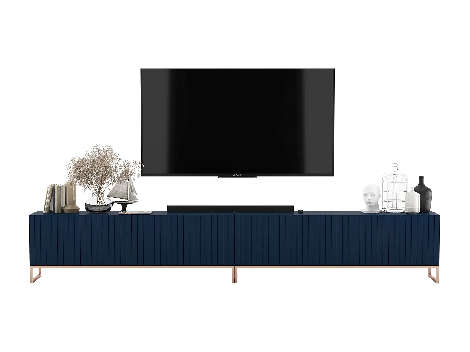 Tv-meubel met 8 deuren – Kast mat marineblauw, geribbelde fronten mat marineblauw – 300 cm, metalen frame