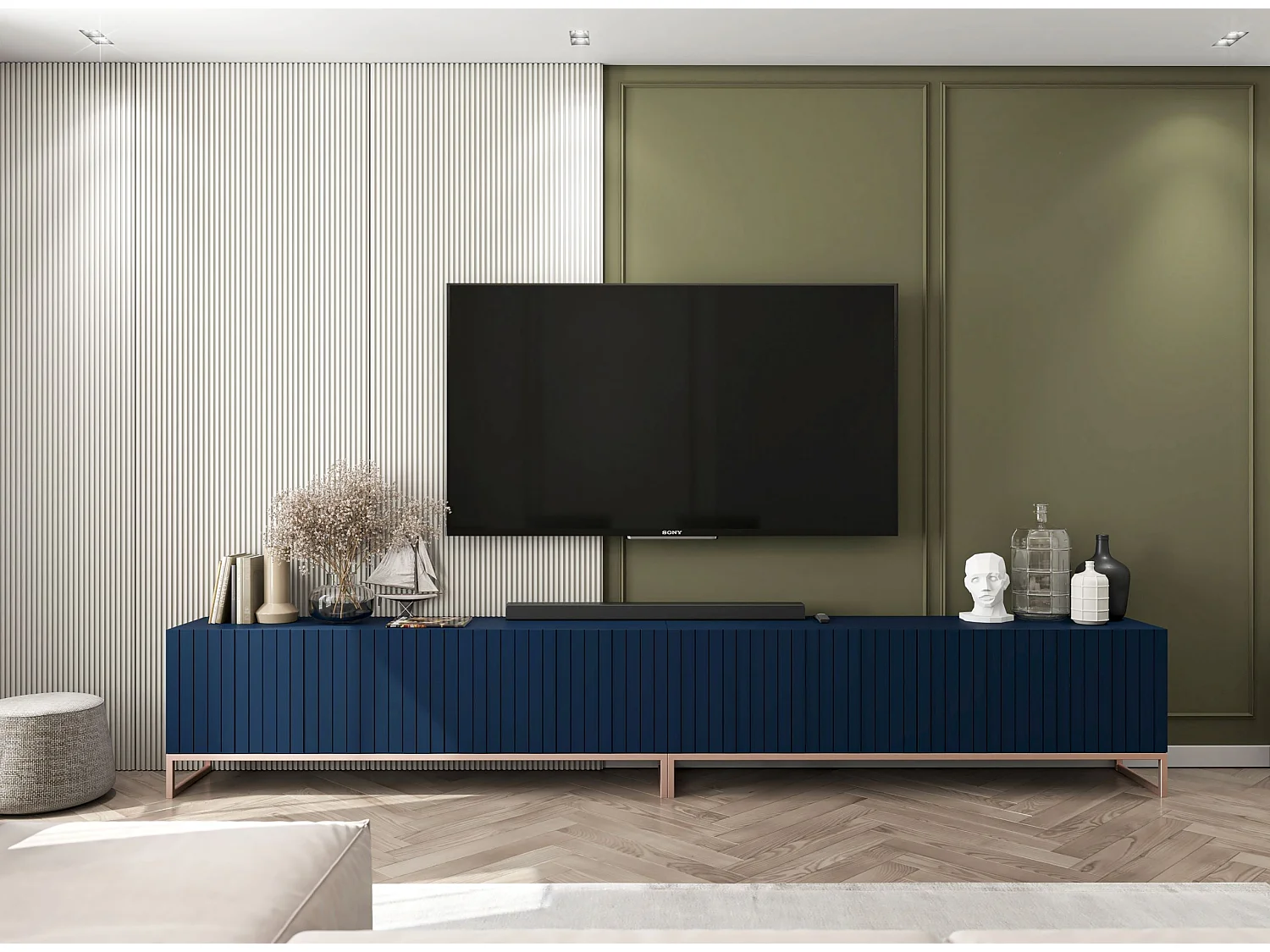 Tv-meubel met 8 deuren – Kast mat marineblauw, geribbelde fronten mat marineblauw – 300 cm, metalen frame