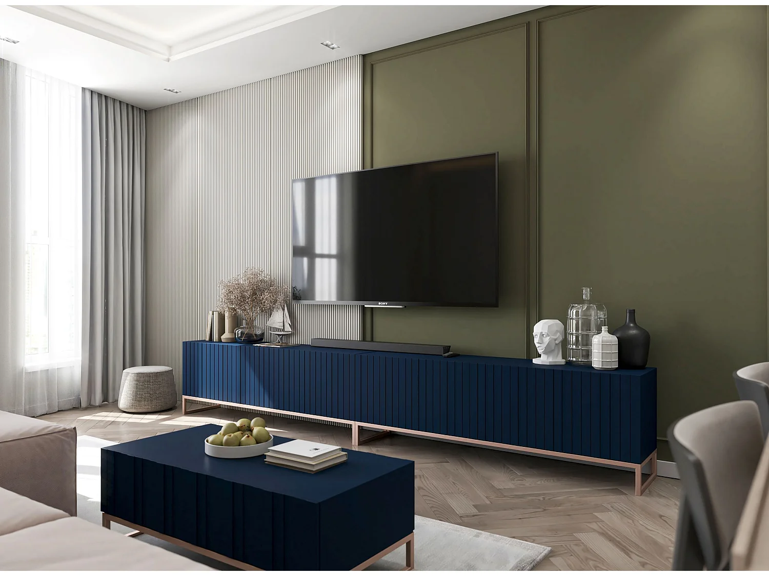 Tv-meubel met 8 deuren – Kast mat marineblauw, geribbelde fronten mat marineblauw – 300 cm, metalen frame